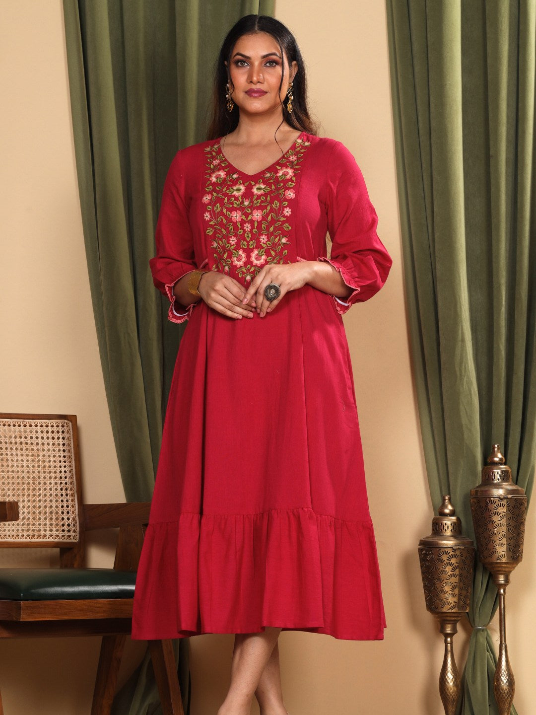 Orchid Magenta Embroidered Cotton Linen Dress