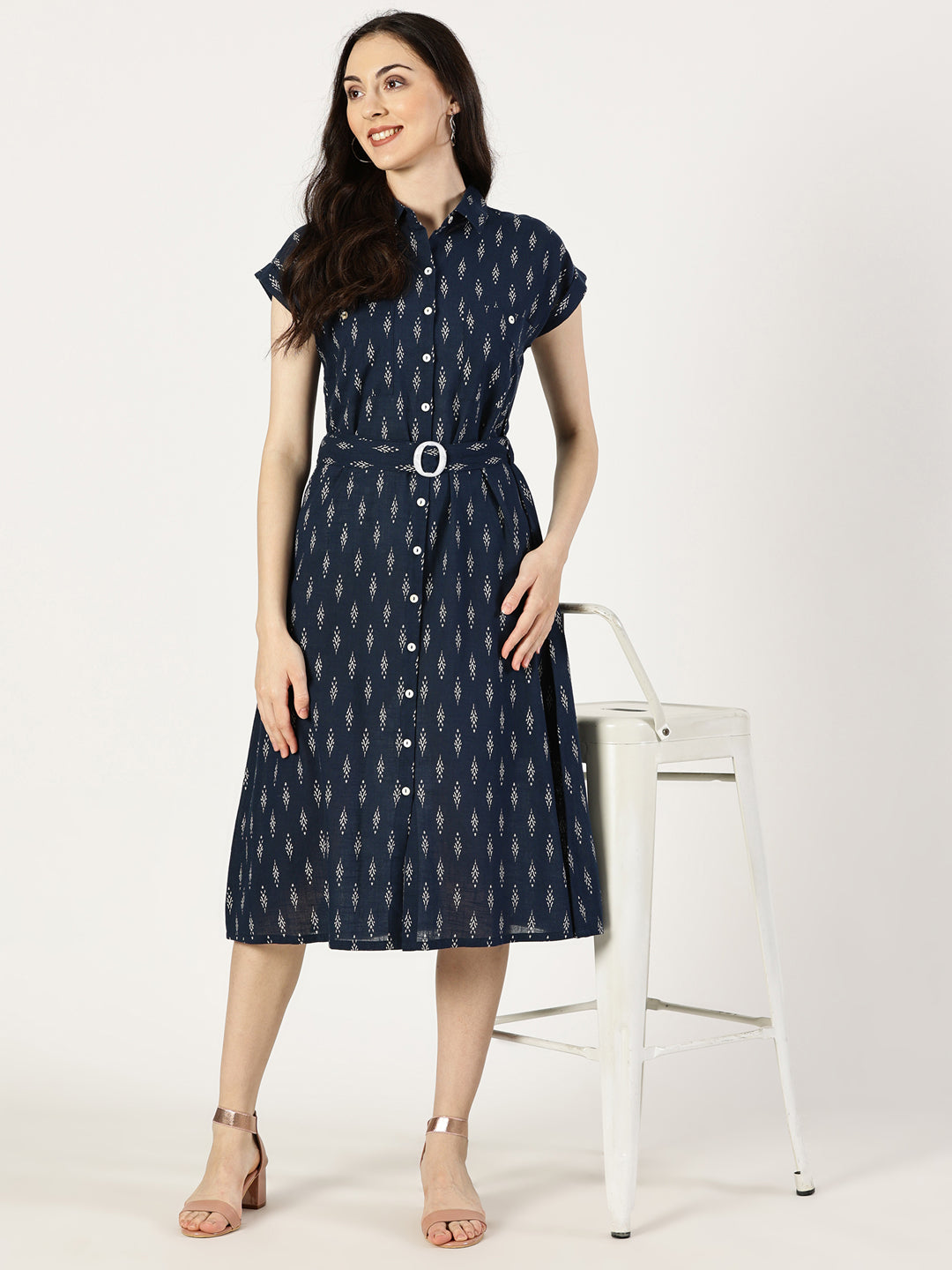 Navy Blue Ikat Print Cotton Dress With Belt Buckle