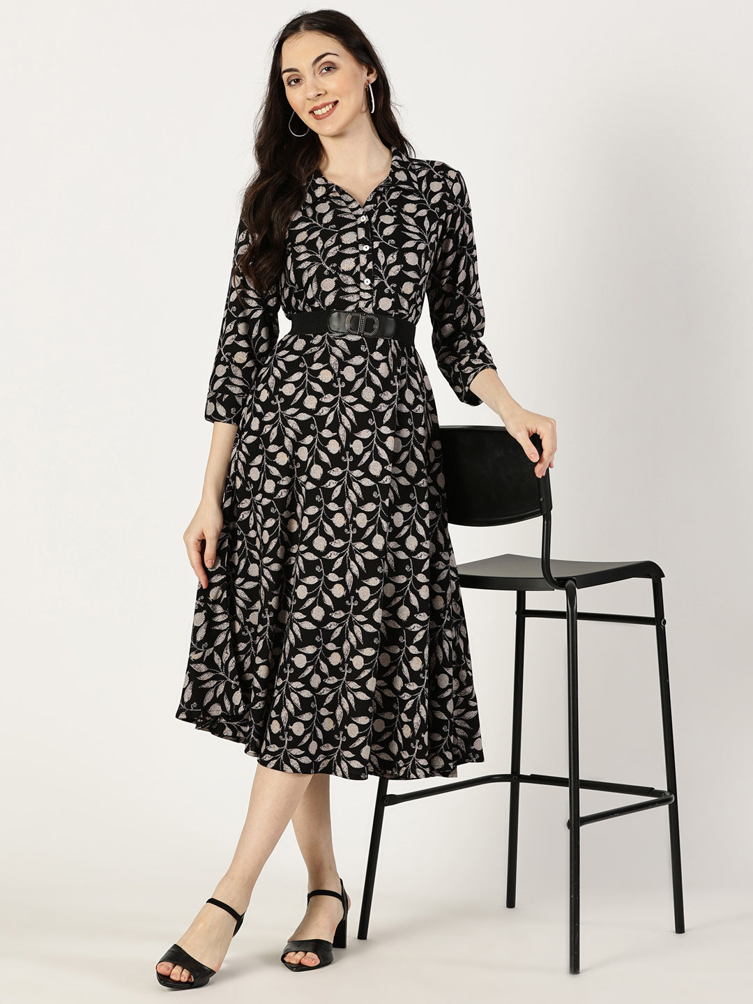 Black Tropical Print Shirt Collar Dress with Elastic Waist Belt