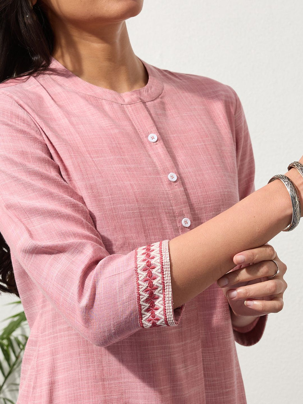 Pink Chambray Kurta Set with Pleated Pants for Women | Saffron Threads