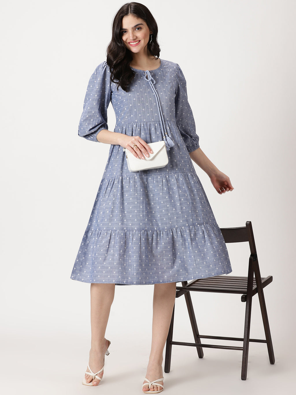 Blue Abstract Woven Design Tiered Midi Dress