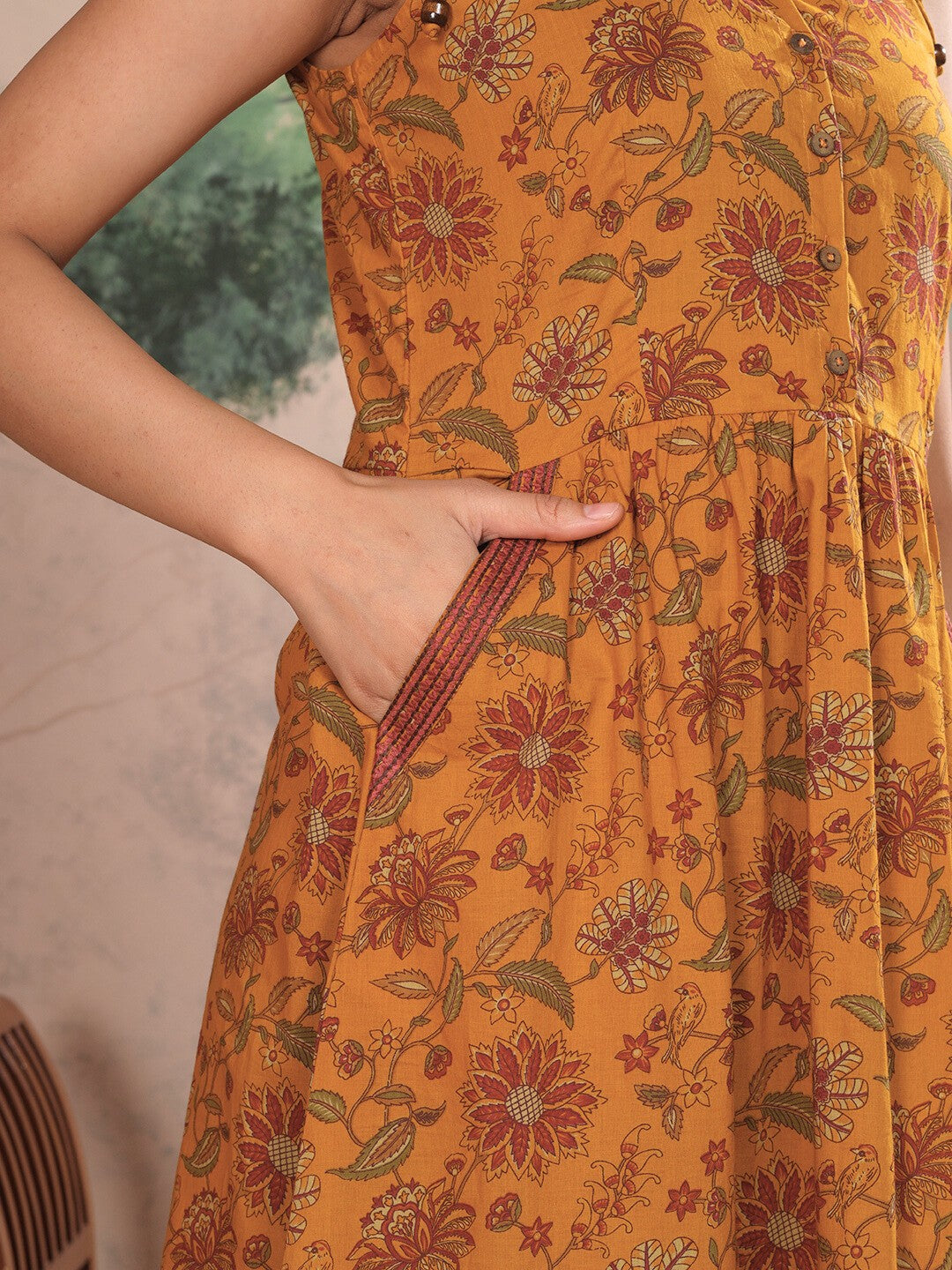 Mustard Ornate Bloom Printed Cotton Fit & Flare Dress