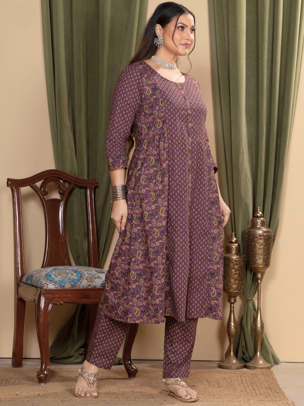 Heritage Plum Printed A-Line Cotton Kurta