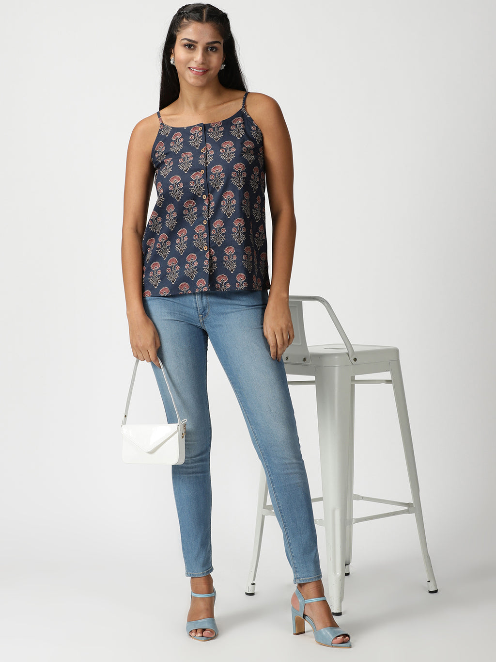Navy Blue Dahlia Print Button-Down Strappy Top