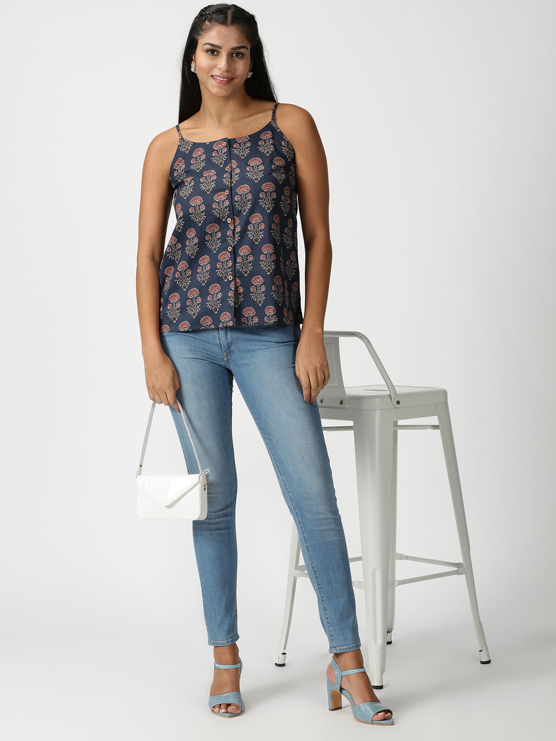 Navy Blue Dahlia Print Button-Down Strappy Top