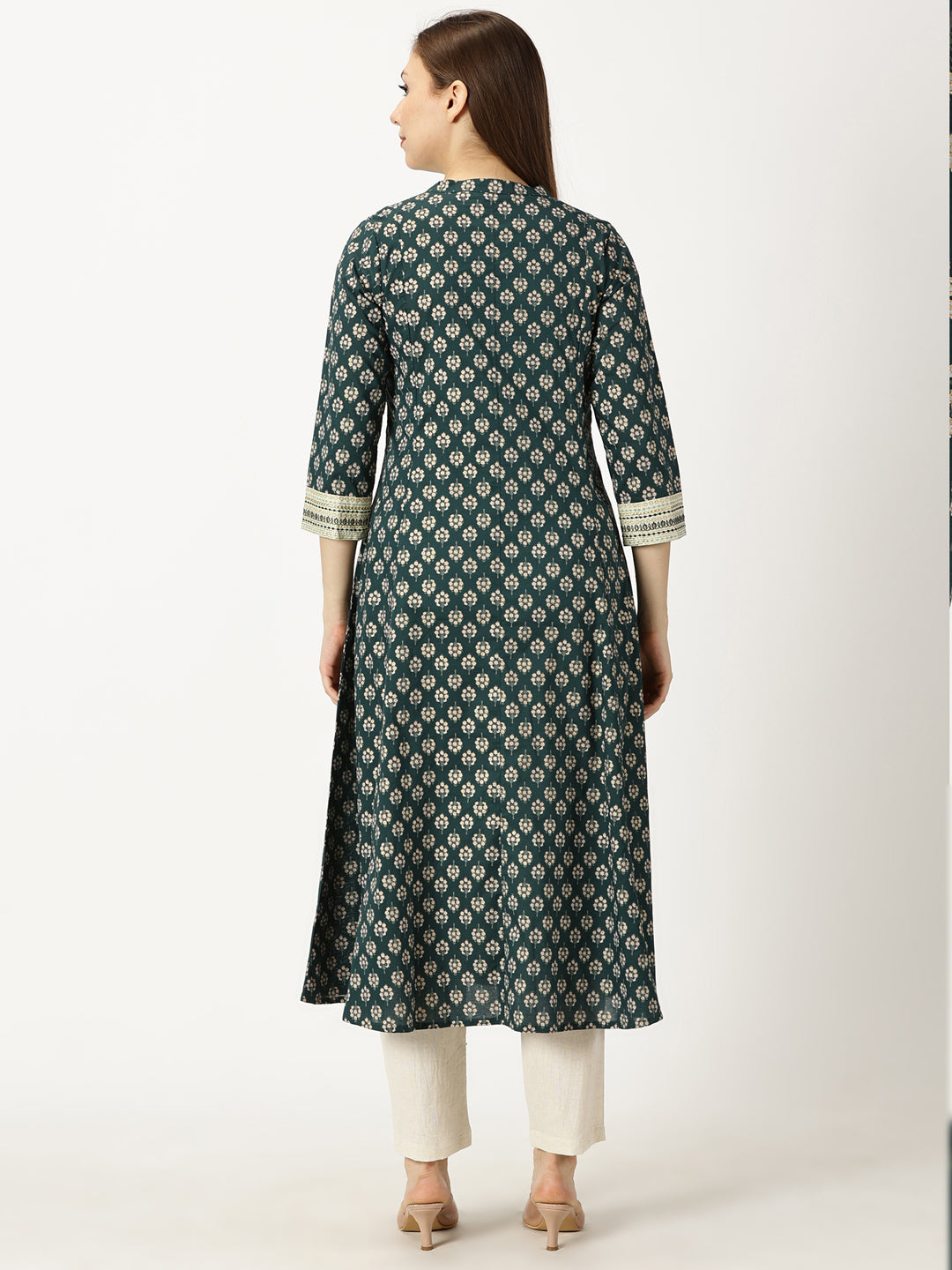 Green Floral Gold Foil Printed Button Down Cotton Kurta