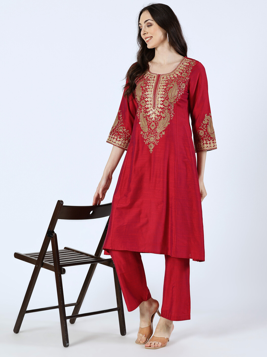 Magenta Art Silk Embroidered Kurta and Palazzo Set