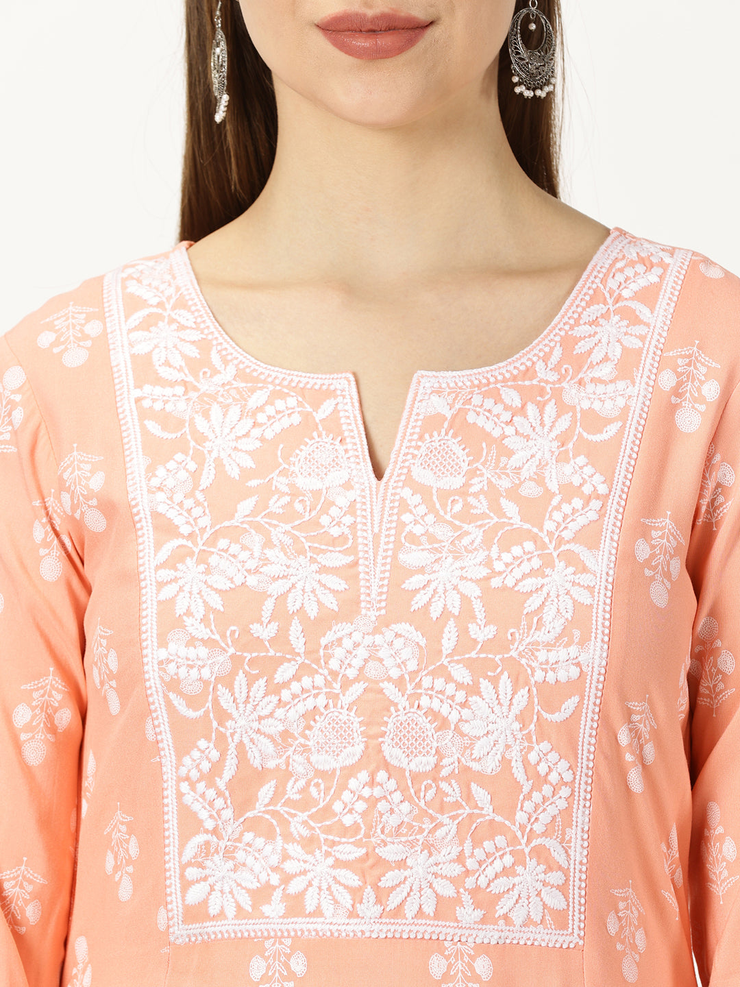 Pastel Peach Floral Print Rayon Kurta with Chikankari Embroidery