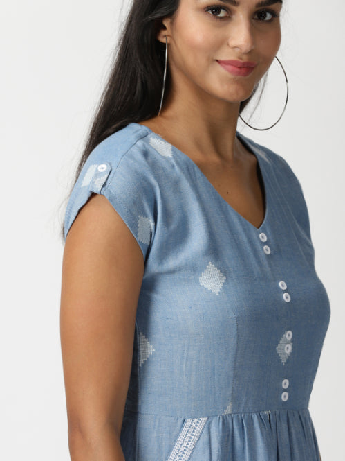 Blue Geometric Woven Design Midi Dress with Embroidered Pockets Saffron Threads Blue Geometric Woven Design Midi Dress with Embroidered Pockets Saffron Threads
