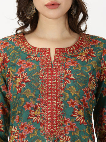 Green Ethnic Floral Print Kurta with Neck Embroidery