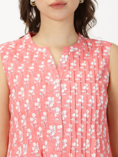 Coral Floral Print Midi Dress with Pintuck Detail