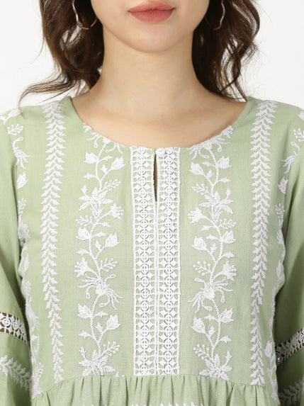Pastel Green Boho Embroidered Midi Dress
