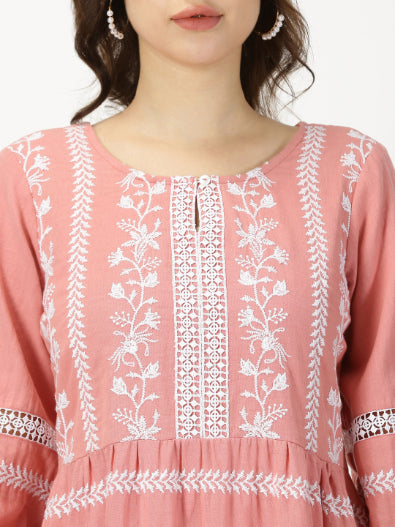 Peach Boho Embroidered Midi Dress