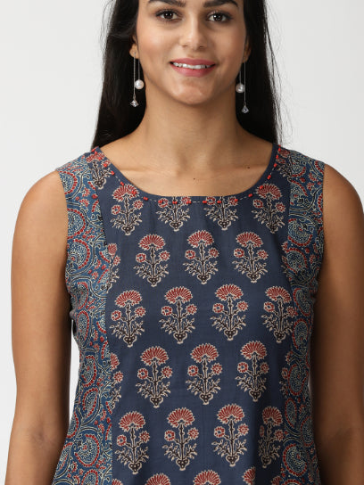 Navy Blue Ethnic Motifs Printed Panelled Midi Dress