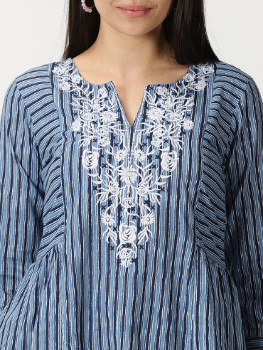 Blue Striped A-line Cotton Kurta with Yoke Embroidery