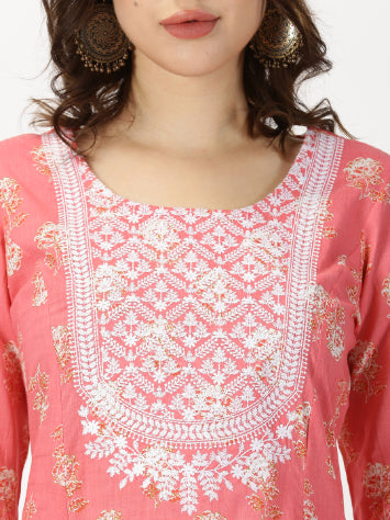 Coral Floral Print Kurta with Lucknowi Chikankari Embroidery