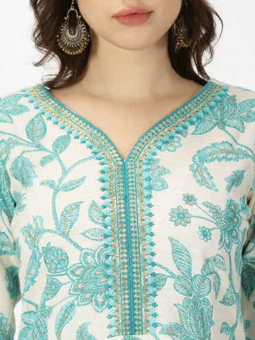 Sea Green Floral Print Kurta with Neck Embroidery