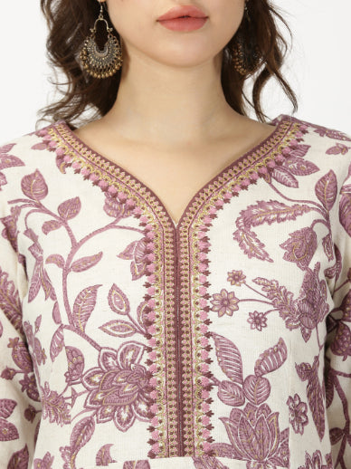 Purple Floral Print Kurta with Neck Embroidery