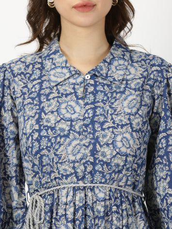 Blue Floral Print Boho Midi Dress with Belt