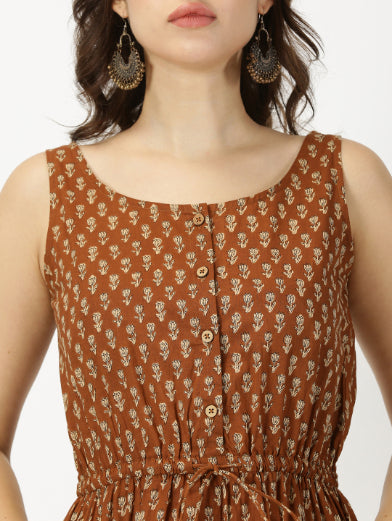 Brown Lotus Print Midi Dress with Waist Tie-up