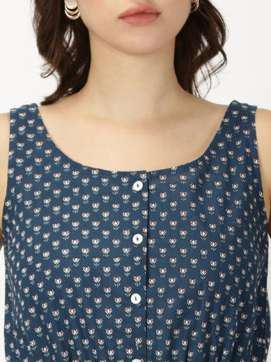 Navy Blue Lotus Print Midi Dress with Waist Tie-up