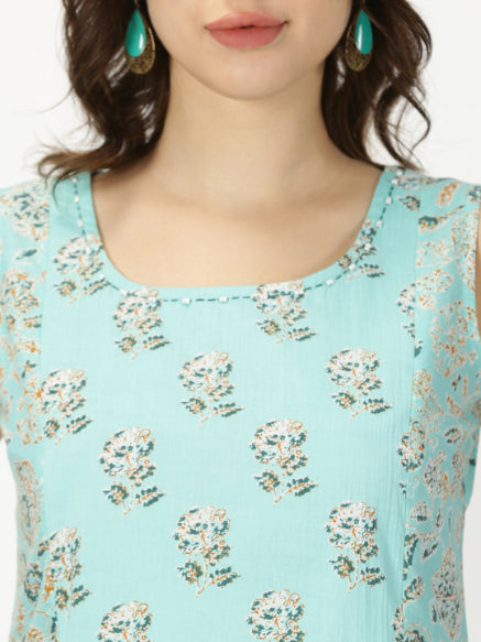 Turquoise Blue Floral Print Panelled Midi Dress