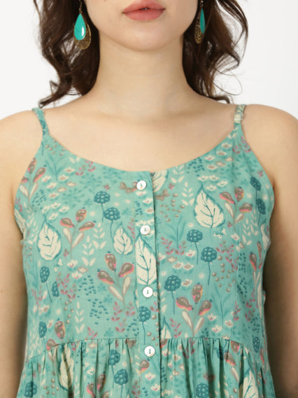 Green Leaf Print Strappy Midi Dress