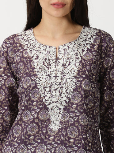Purple Floral Cotton Tunic with Chikankari Embroidered Yoke
