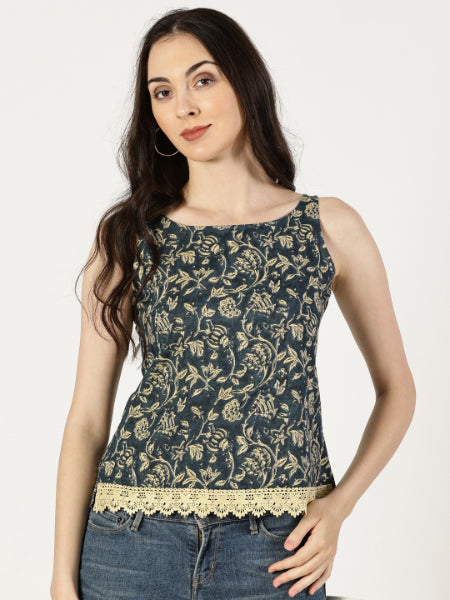 Blue Ethnic Floral Print Top with Lace Inserts