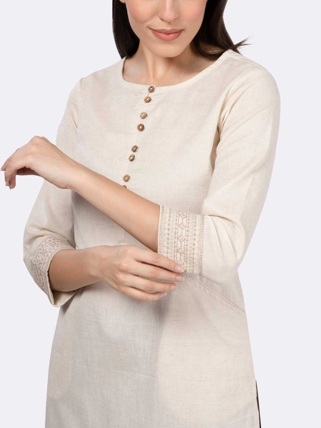 Off White Solid Cotton Kurta with Pockets & Sleeve Embroidery