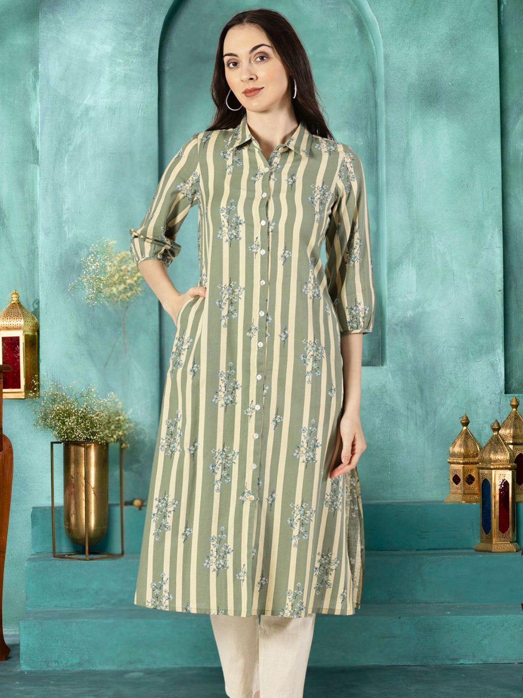 Green Floral Print Shirt Kurta