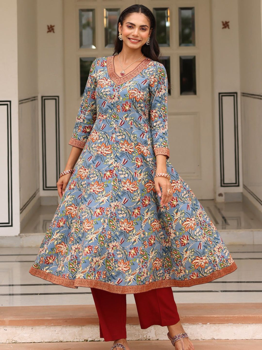 Blue Floral Print Anarkali Kurta with Brocade Lace Details