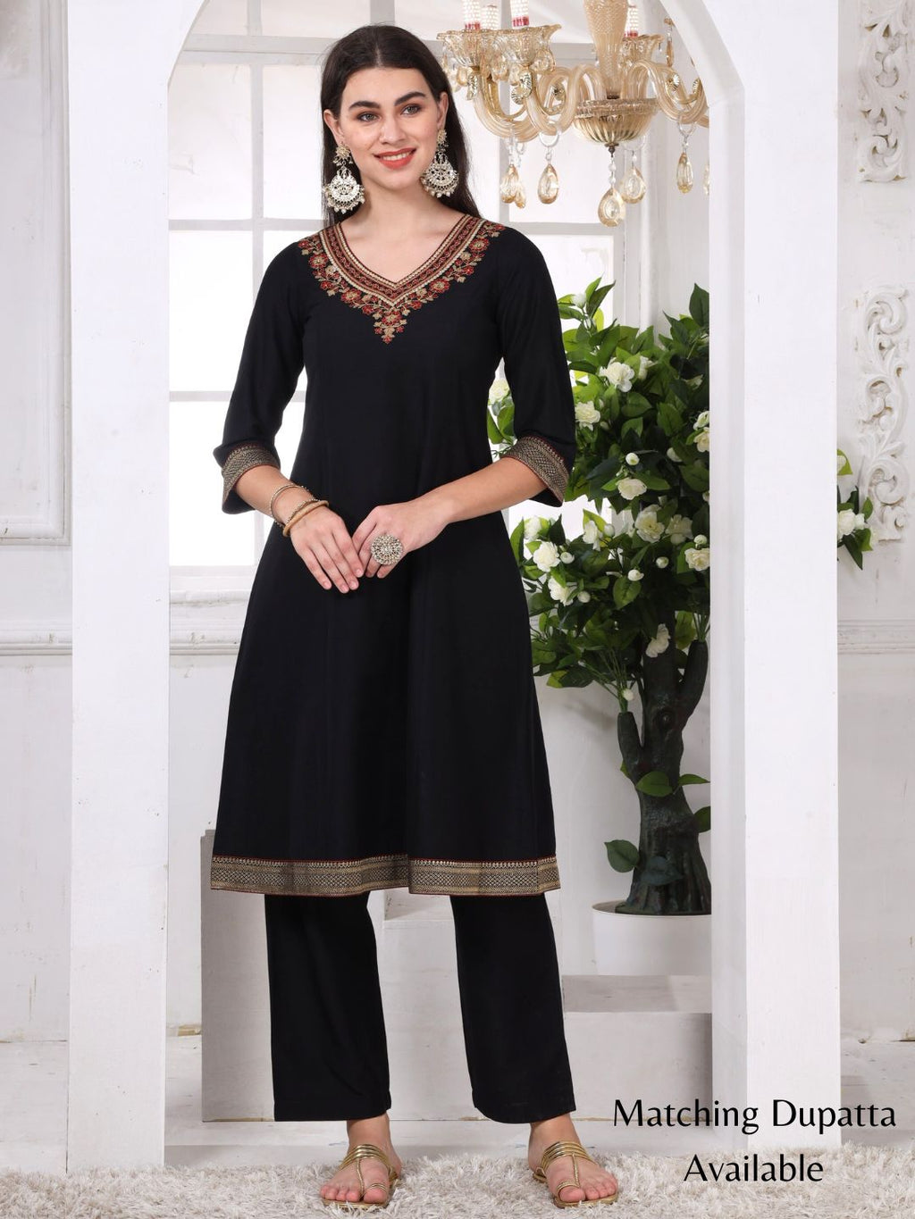 Black Art Silk Embroidered Kurta Set with Brocade Lace