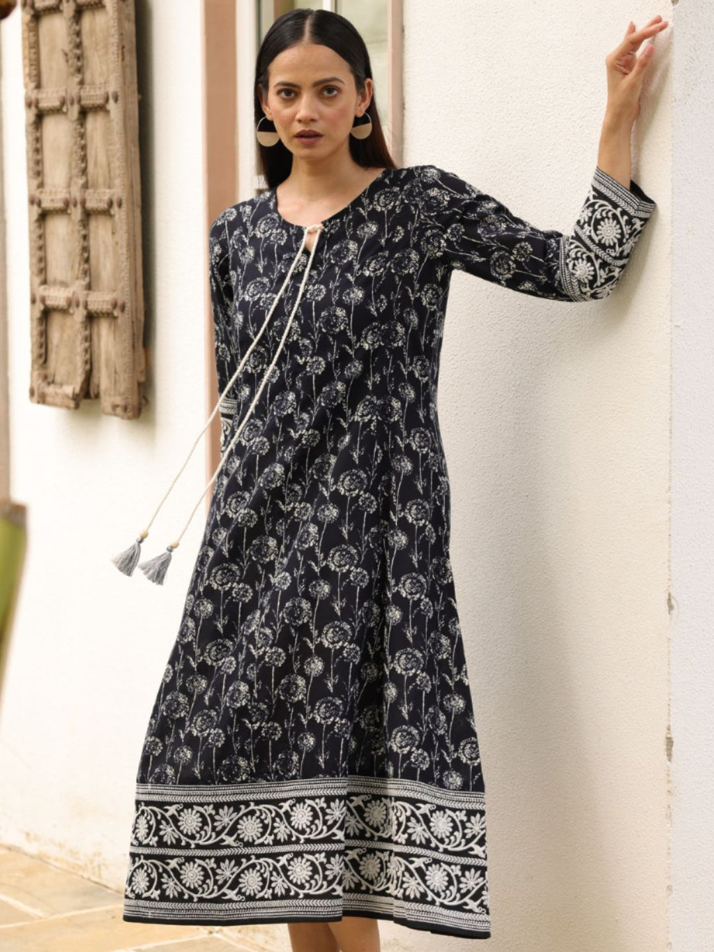 Black Cotton Embroidered Dress with Neck Tie-up