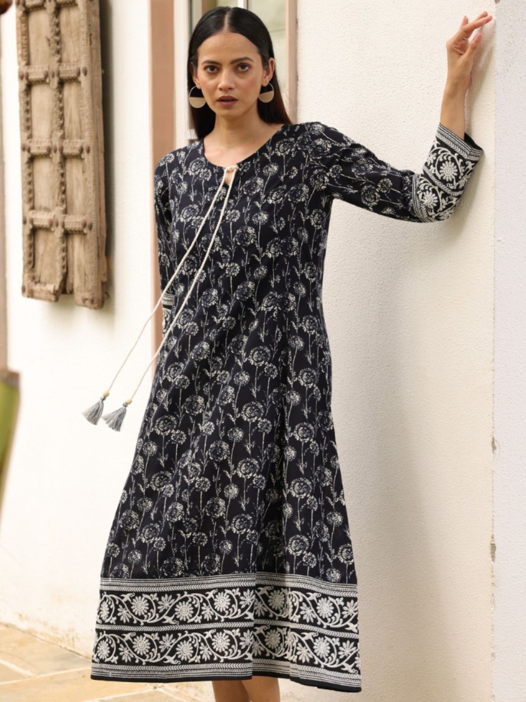 Black Cotton Embroidered Dress with Neck Tie-up