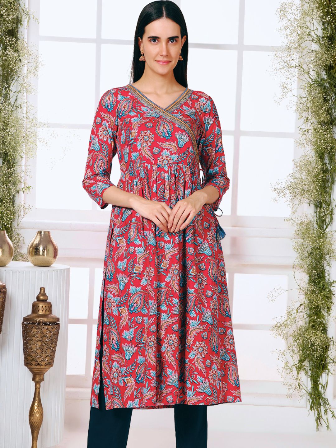 Red Paisley Print Angrakha Kurta with Mirror Embroidery and Gathers