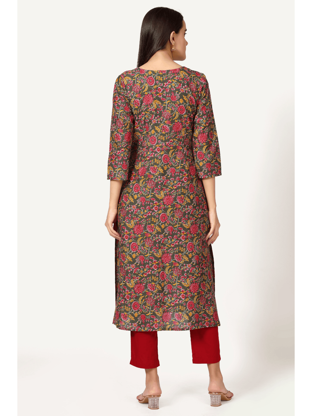 Green Floral Print Angrakha Kurta with Neck Embroidery