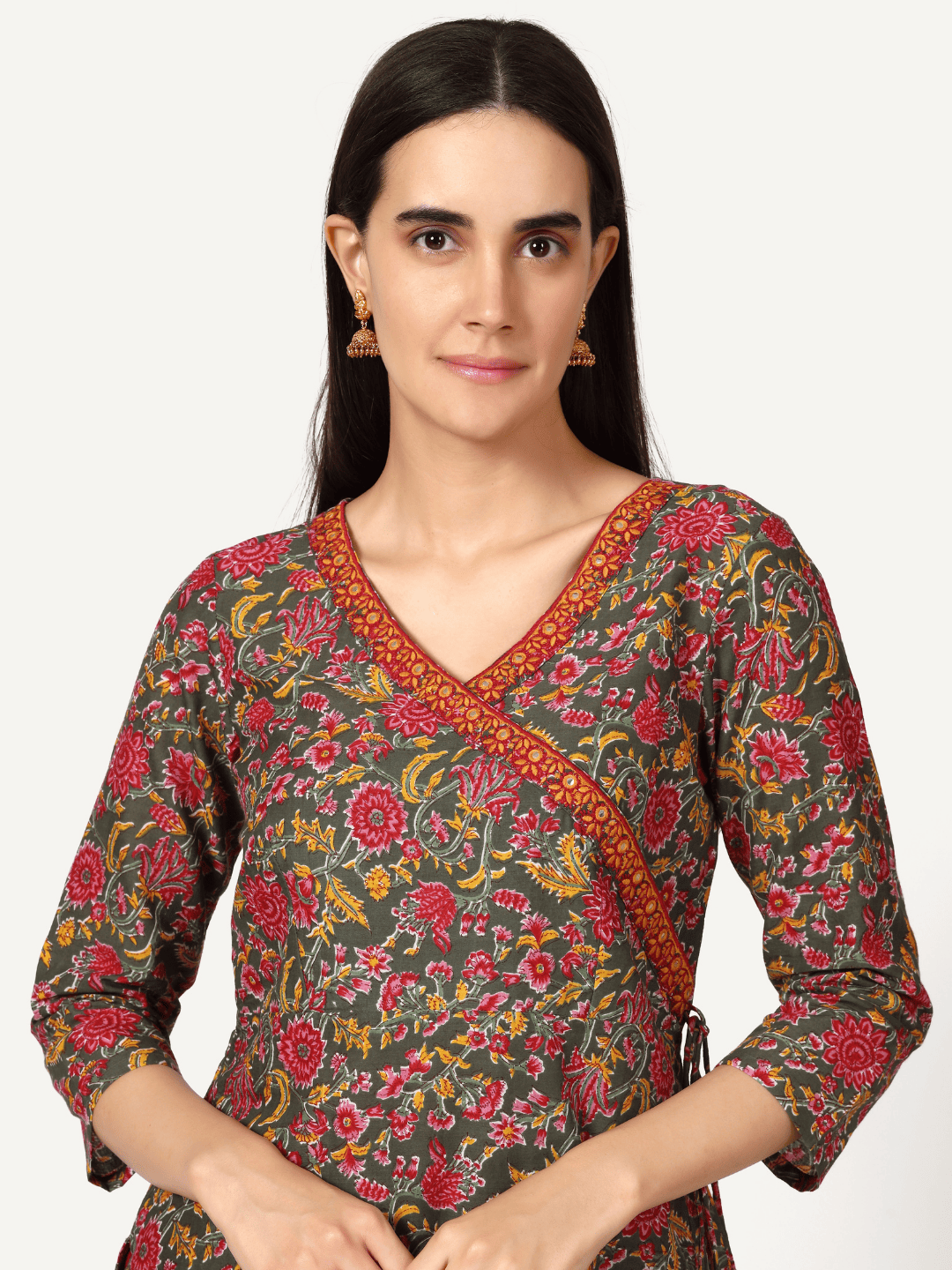 Green Floral Print Angrakha Kurta with Neck Embroidery