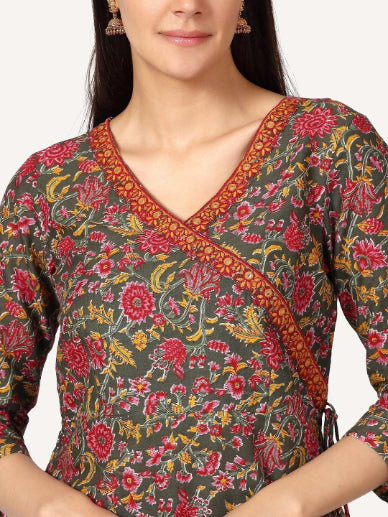 Green Floral Print Angrakha Kurta with Neck Embroidery