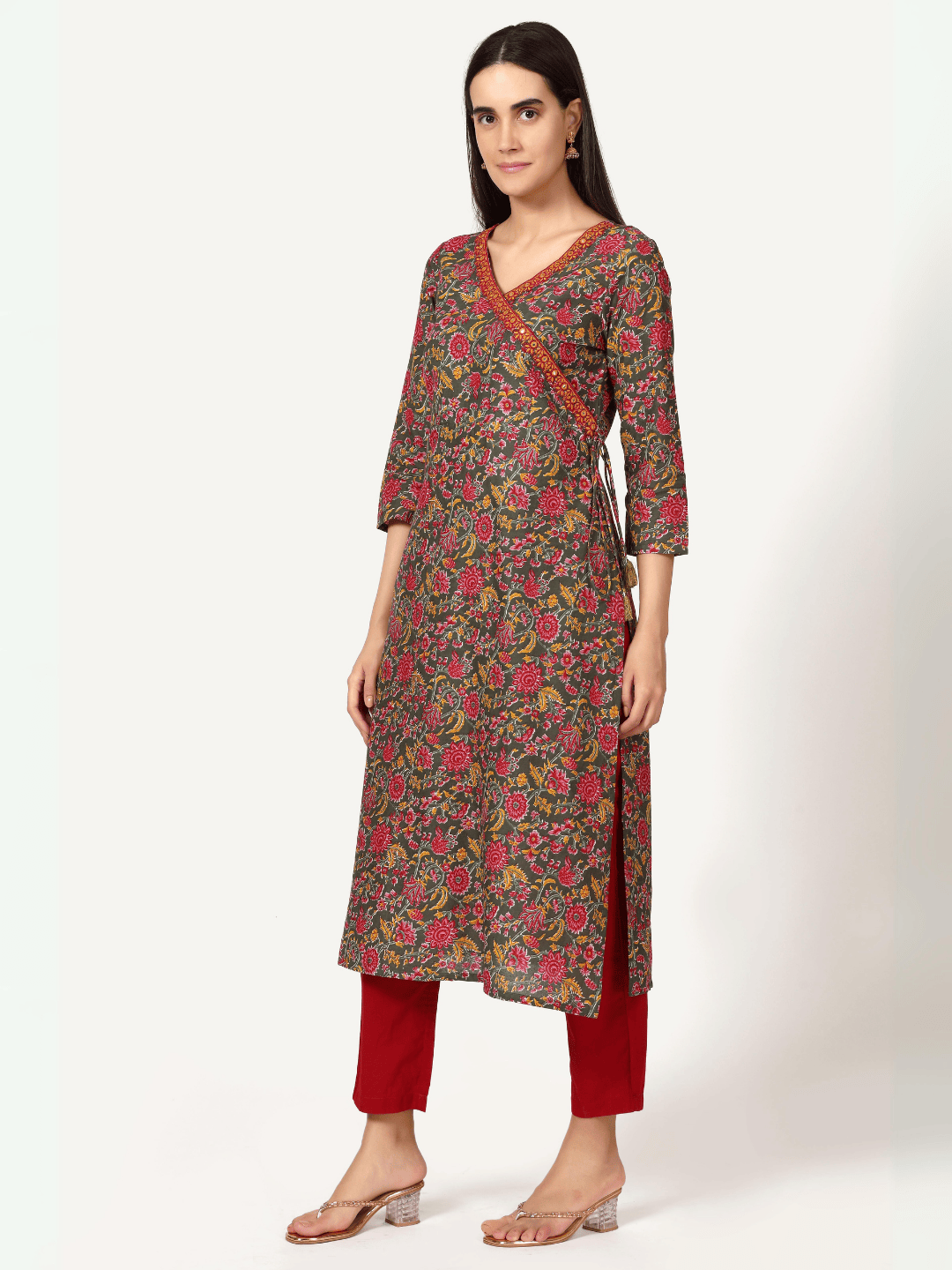 Green Floral Print Angrakha Kurta with Neck Embroidery