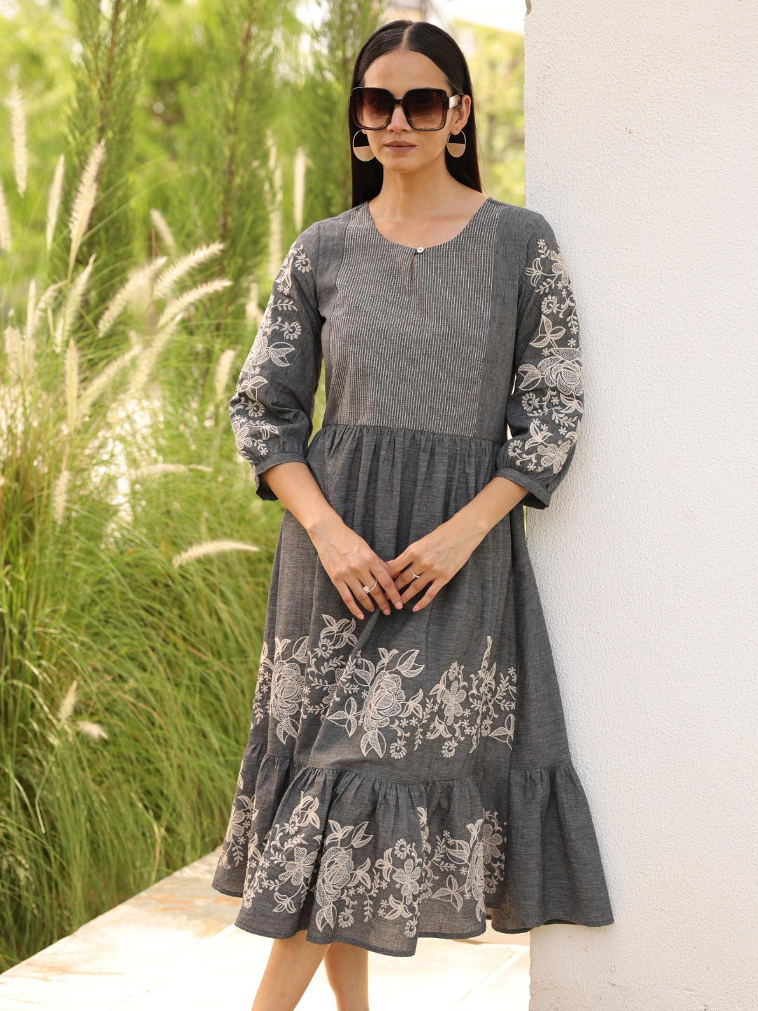 Grey Cotton Tiered Embroidered Dress