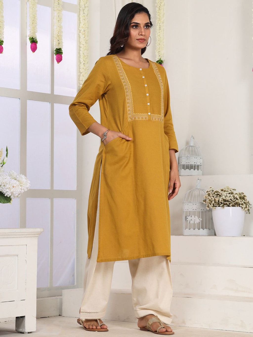 Caramel Mustard Embroidered Straight Fit Kurta