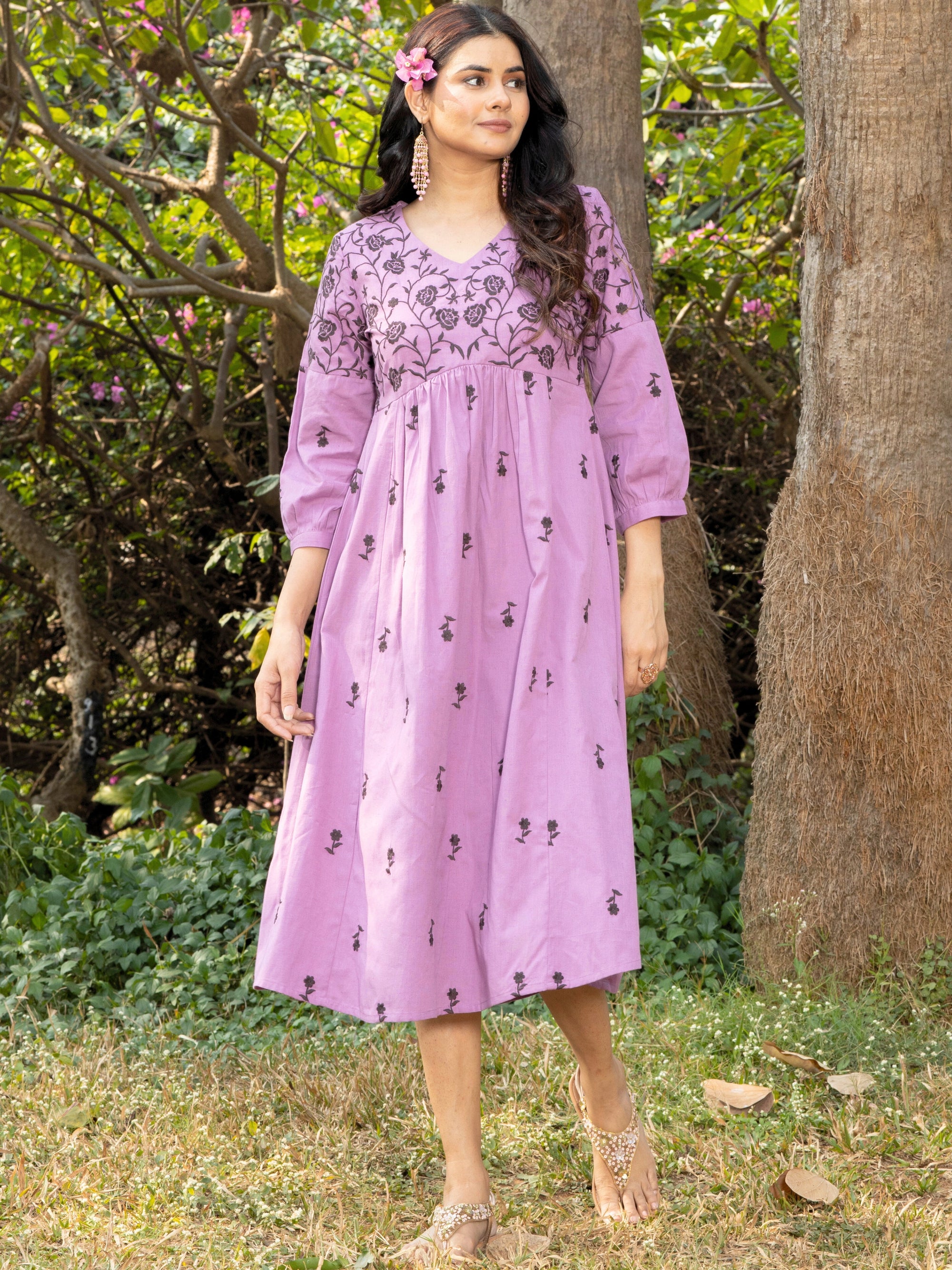 Mauve Boho Embroidered Cotton Midi Dress