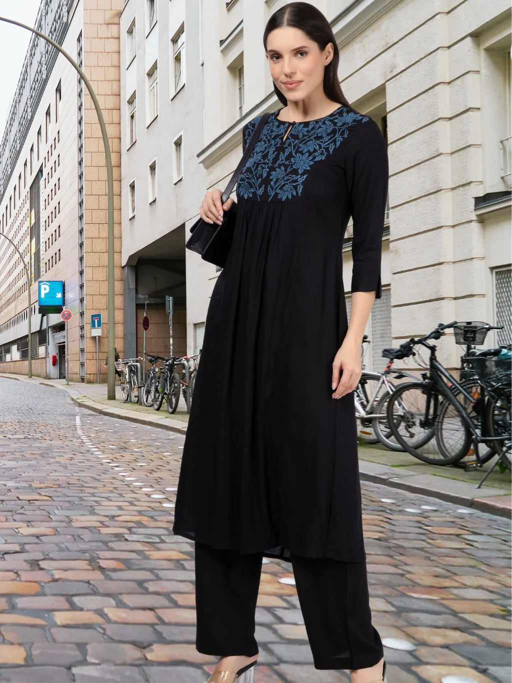 Black Rayon Slub Embroidered Yoke Kurta Set