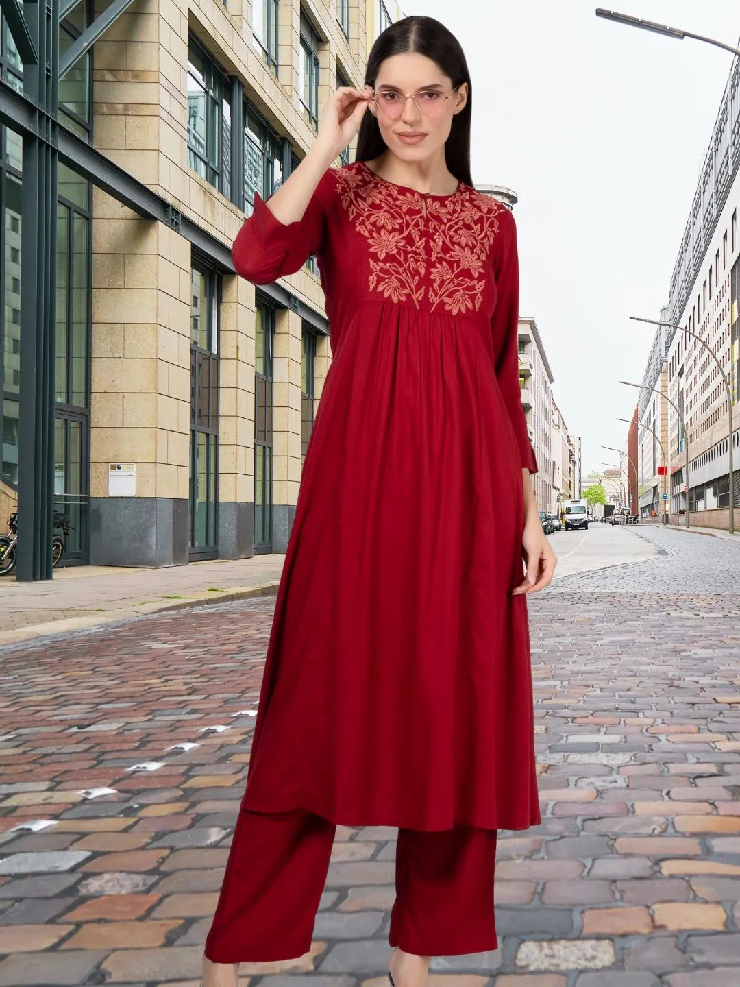 Red Rayon Slub Embroidered Yoke Kurta Set