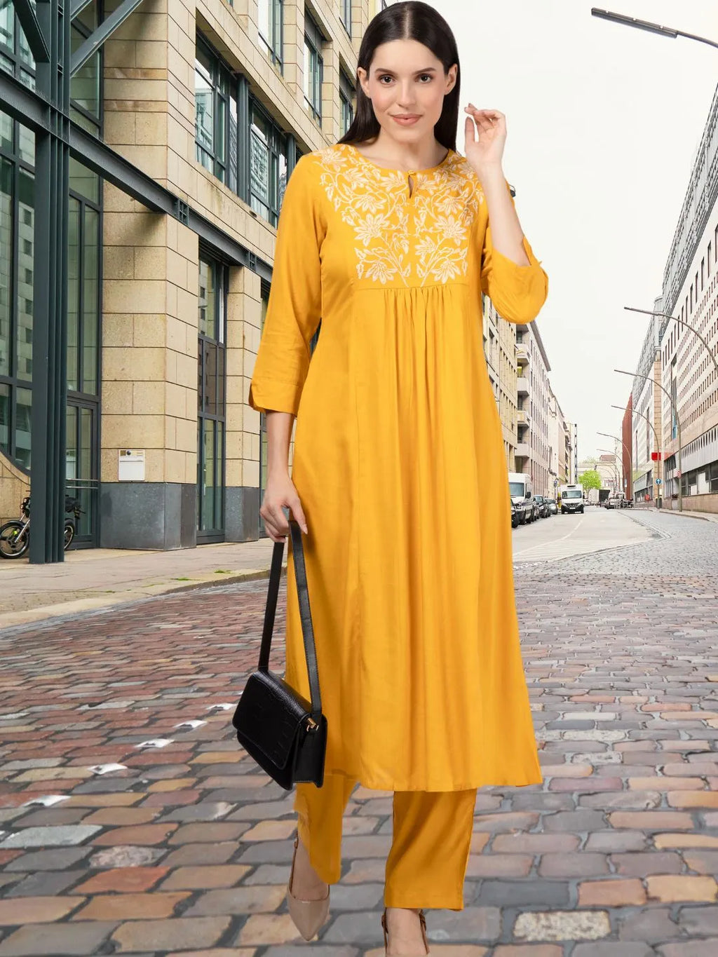 Yellow Rayon Slub Embroidered Yoke Kurta Set