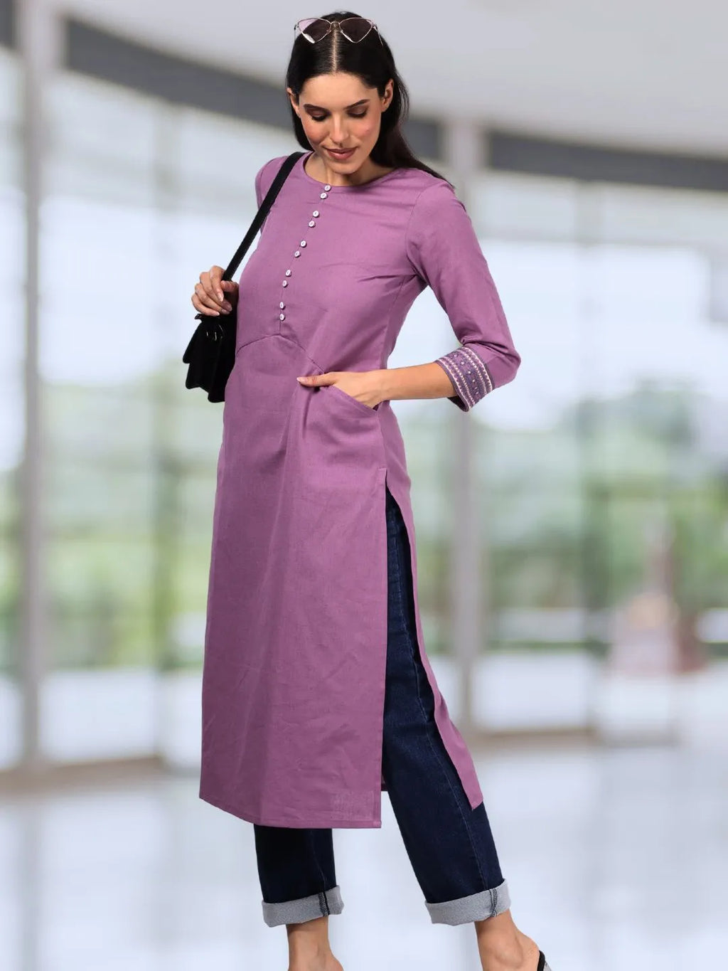 Mauve Solid Cotton Kurta with Pockets & Sleeve Embroidery