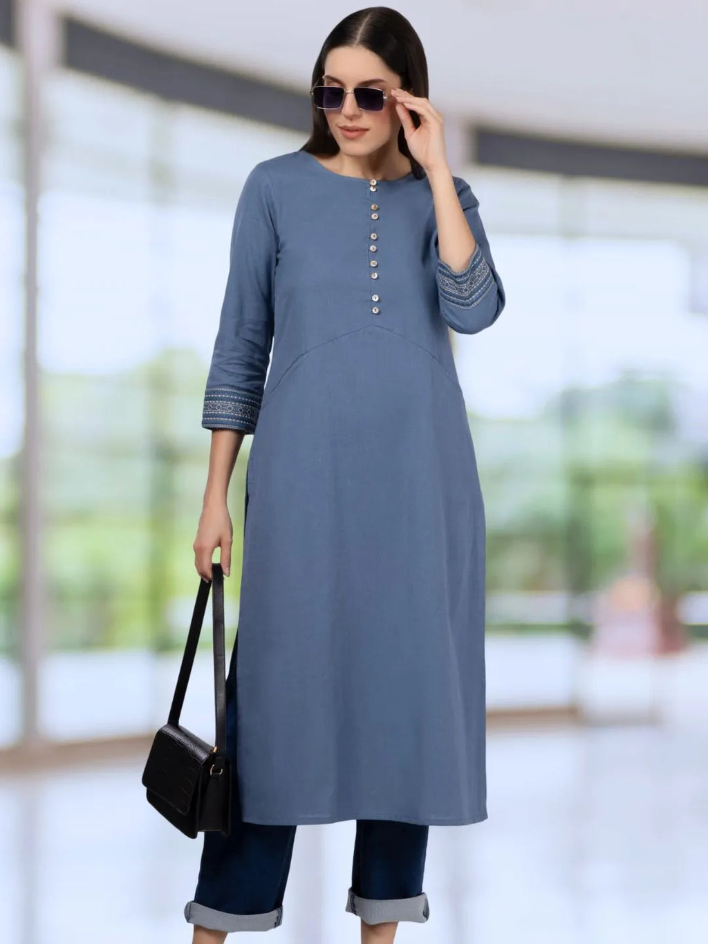 Blue Solid Cotton Kurta with Pockets & Sleeve Embroidery