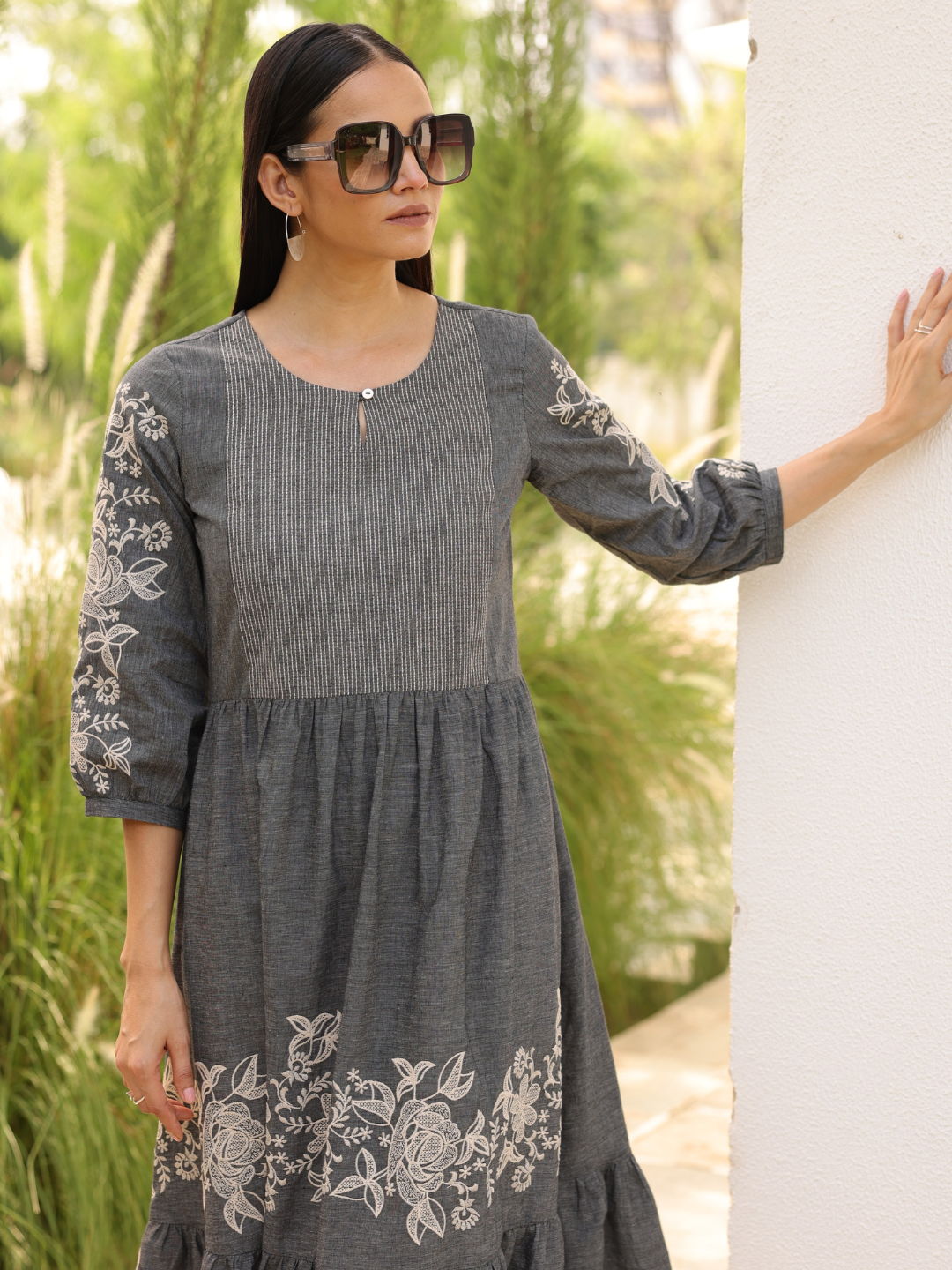 Grey Cotton Tiered Embroidered Dress