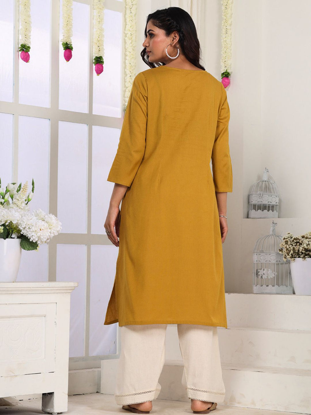 Caramel Mustard Embroidered Straight Fit Kurta